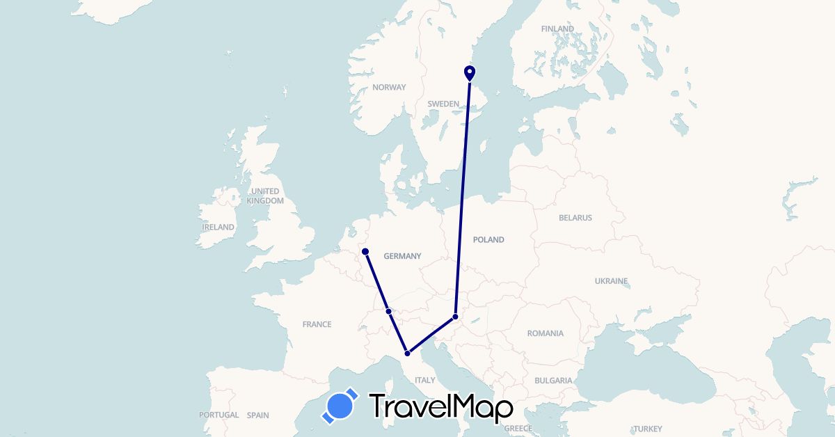 TravelMap itinerary: driving in Austria, Switzerland, Germany, Italy, Sweden (Europe)